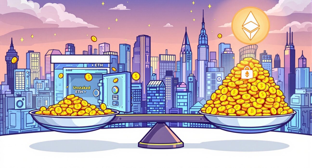 A cartoon illustration showing the robust Ethereum staking demand outweighing recent ETH unstaking, symbolizing network confidence.