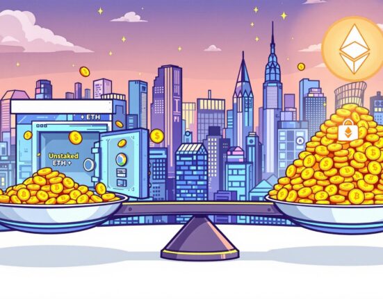 A cartoon illustration showing the robust Ethereum staking demand outweighing recent ETH unstaking, symbolizing network confidence.