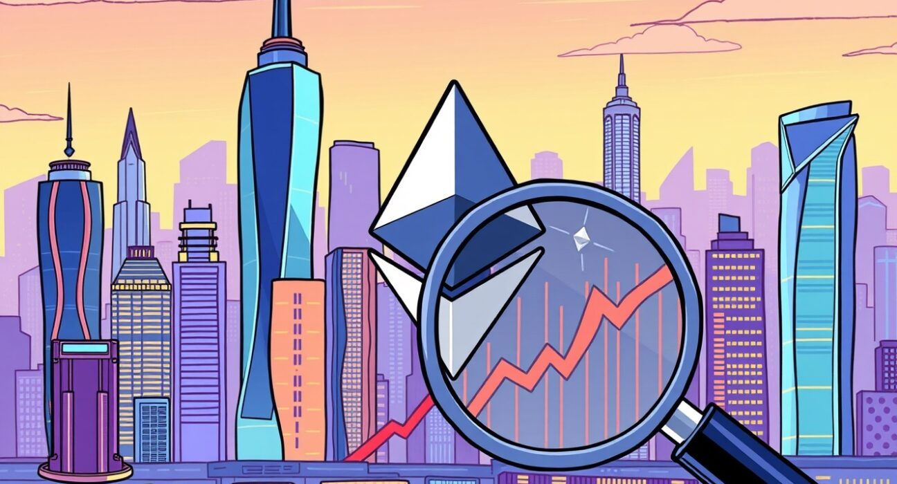 A cartoon illustration showing the excitement around the new Ethereum Staking ETF launch, with digital currency symbols and a bullish chart.