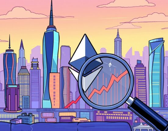 A cartoon illustration showing the excitement around the new Ethereum Staking ETF launch, with digital currency symbols and a bullish chart.