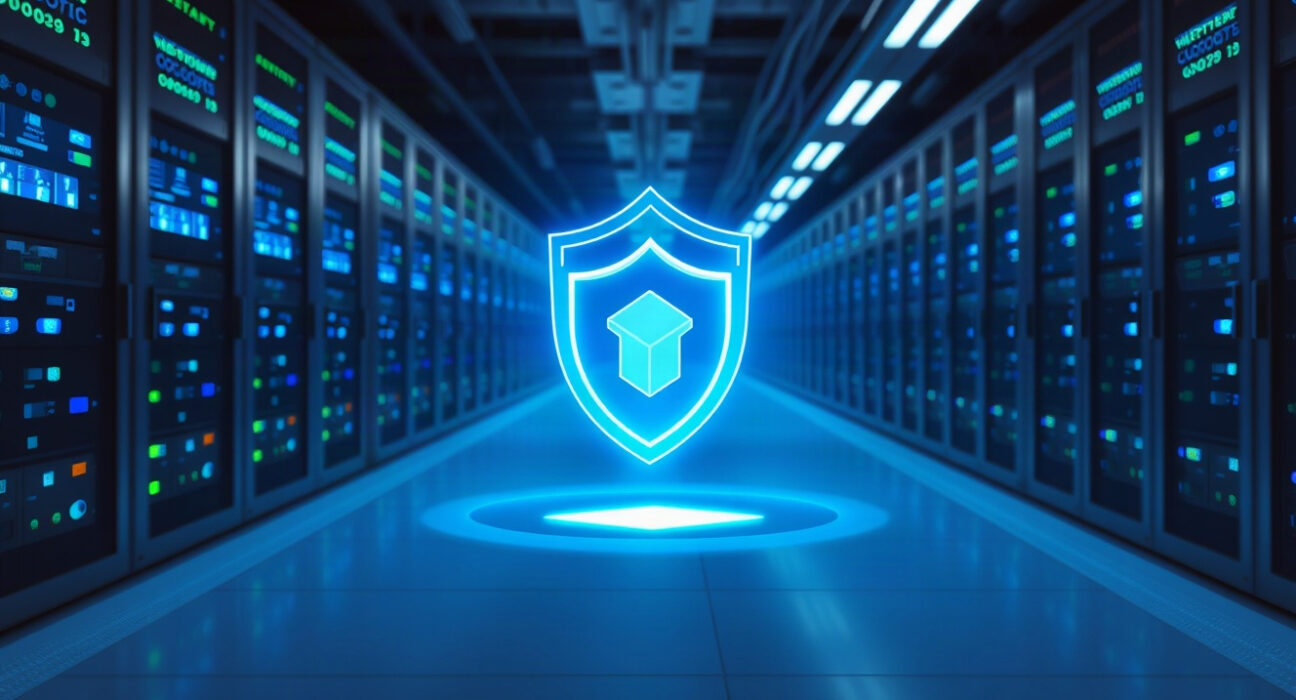 Holographic shield over Ethereum server racks symbolizing quantum-resistant staking upgrade