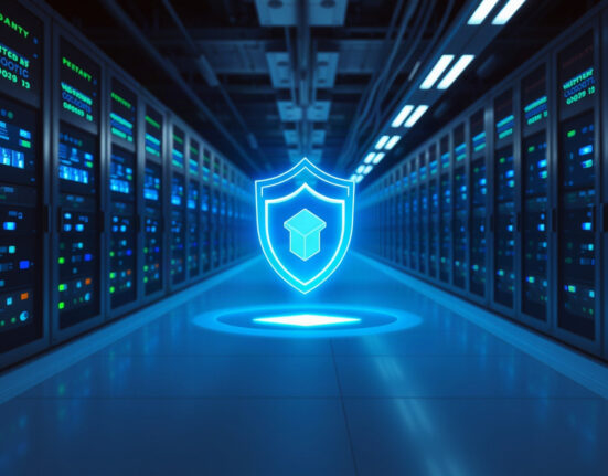 Holographic shield over Ethereum server racks symbolizing quantum-resistant staking upgrade