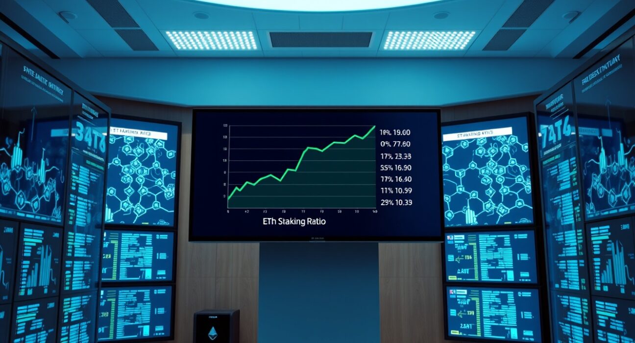 Ethereum staking ratio chart showing 31% of circulating supply staked, displayed on monitors in a data center