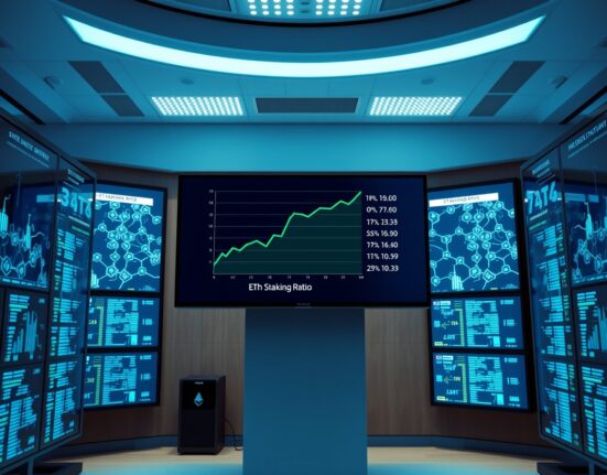 Ethereum staking ratio chart showing 31% of circulating supply staked, displayed on monitors in a data center