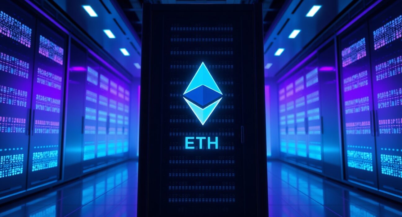 A futuristic data center with glowing servers representing Ethereum's proof-of-stake network.