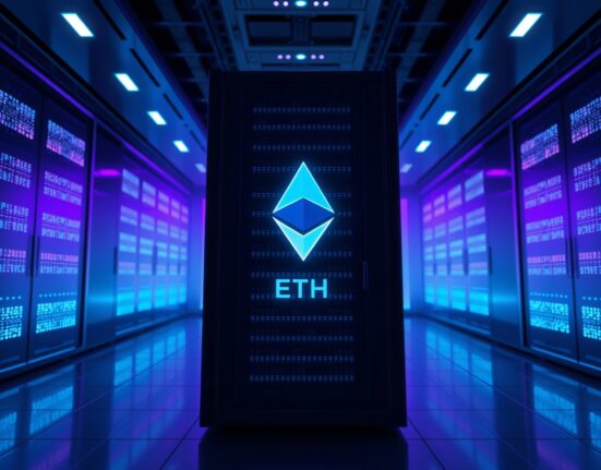 A futuristic data center with glowing servers representing Ethereum's proof-of-stake network.
