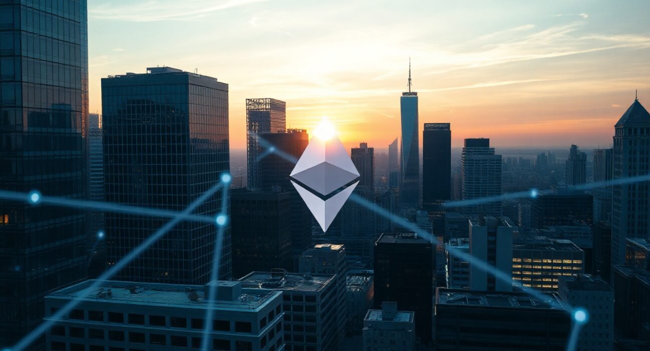 Ethereum staking ratio hits record high, depicted as a city skyline with digital network overlays at dusk