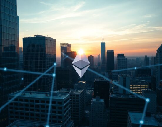 Ethereum staking ratio hits record high, depicted as a city skyline with digital network overlays at dusk