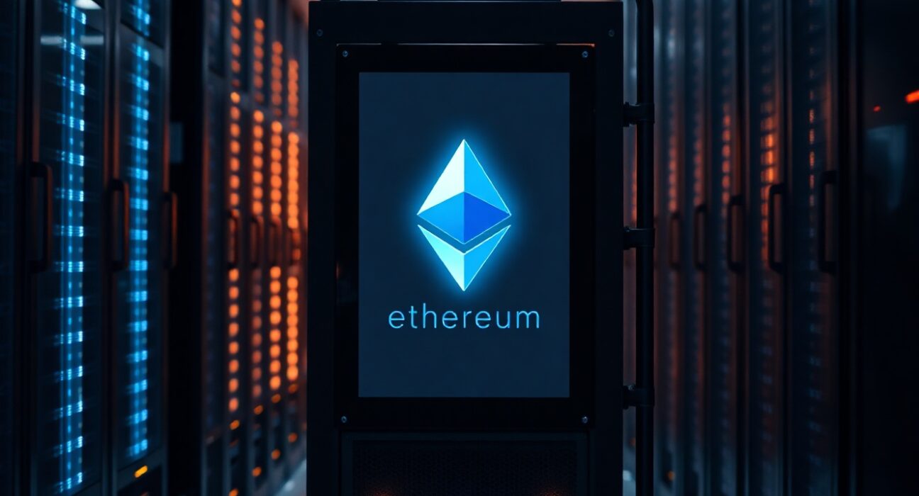 Ethereum staking data center with servers glowing in blue and orange light