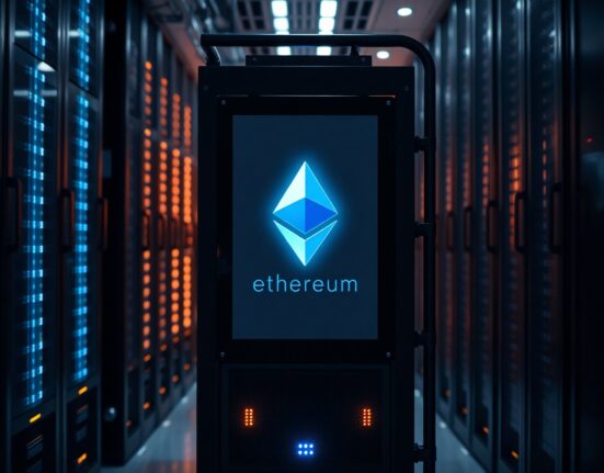 Ethereum staking data center with servers glowing in blue and orange light