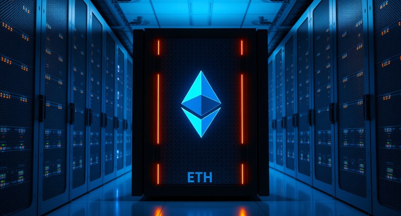Server rack with glowing LEDs representing Ethereum staking infrastructure