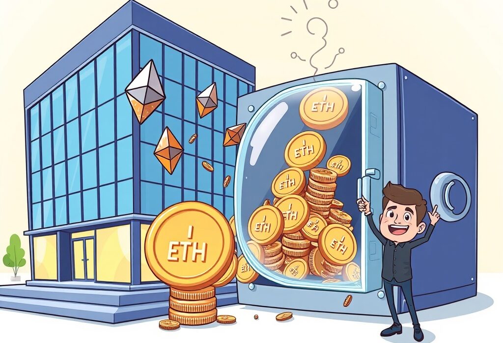 Cartoon illustration showing a company successfully accumulating Ethereum staking rewards, symbolizing significant digital asset growth.
