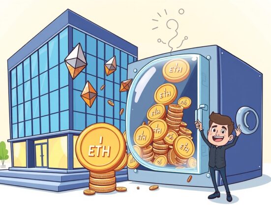 Cartoon illustration showing a company successfully accumulating Ethereum staking rewards, symbolizing significant digital asset growth.