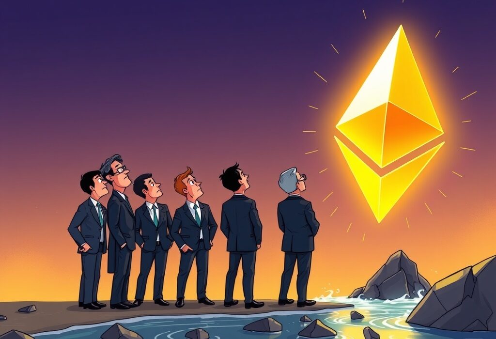 A cartoon illustration showing business professionals carefully considering Ethereum staking, highlighting potential liquidity risks for institutional investors.