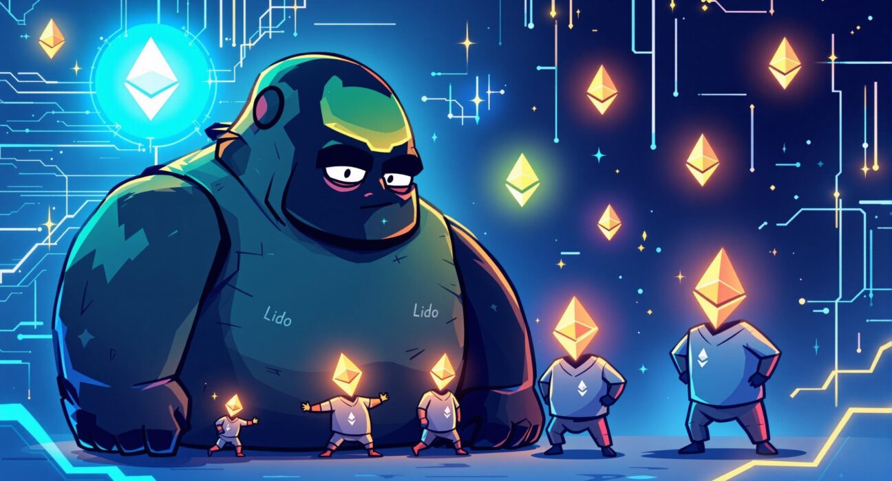 A cartoon illustration showing the shift in Ethereum staking share, with Lido's decreasing dominance, highlighting ecosystem changes.