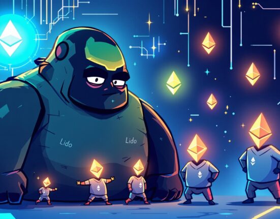 A cartoon illustration showing the shift in Ethereum staking share, with Lido's decreasing dominance, highlighting ecosystem changes.