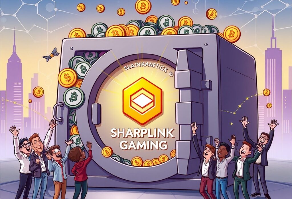 A cartoon illustration showing SharpLink Gaming's successful Ethereum strategy attracting significant crypto investment and market confidence.