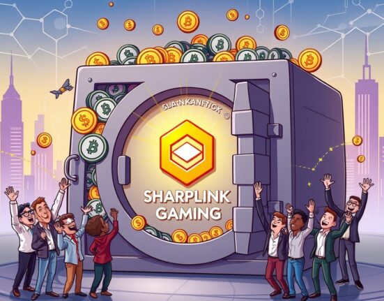 A cartoon illustration showing SharpLink Gaming's successful Ethereum strategy attracting significant crypto investment and market confidence.
