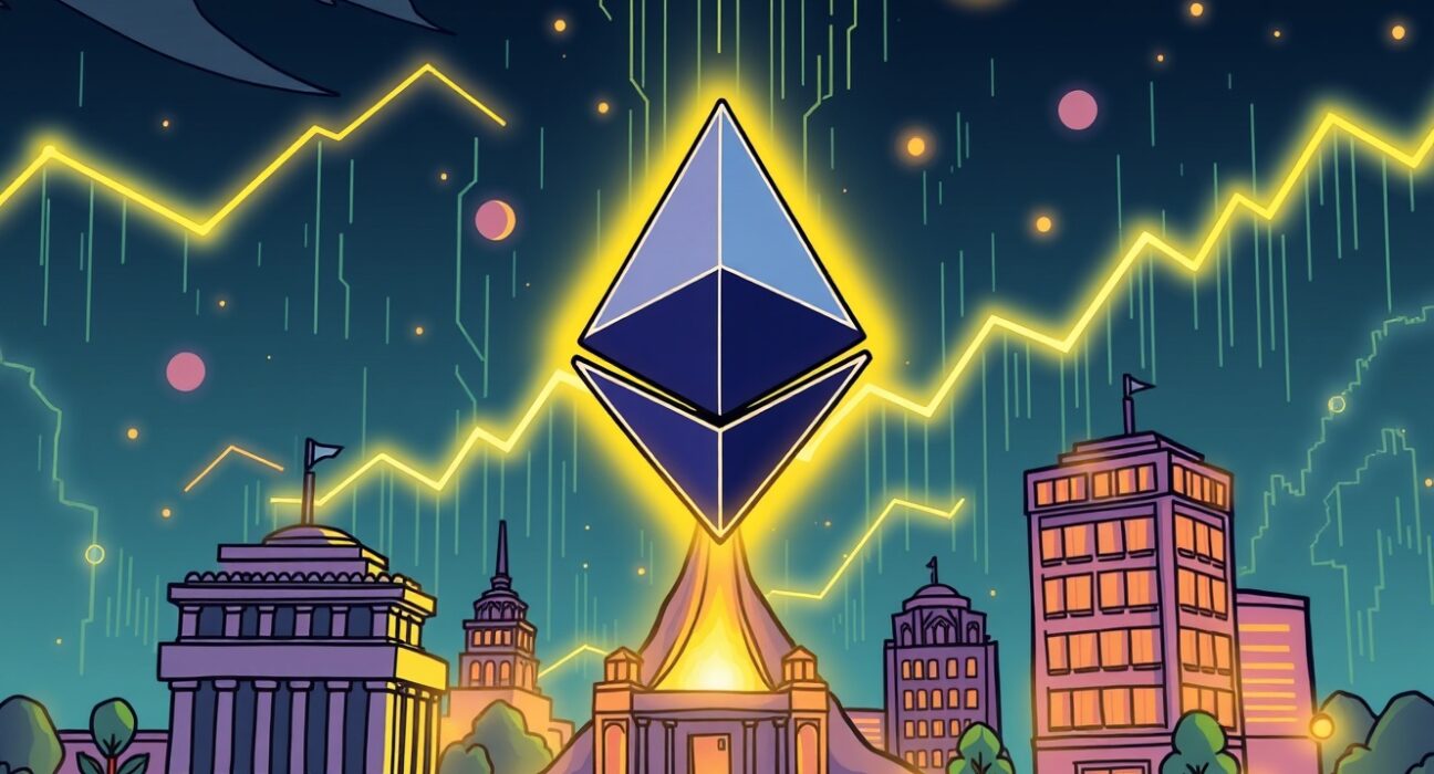A cartoon illustration showing Ethereum's logo powerfully ascending amidst market data and institutional presence, symbolizing Ethereum's Strongest Cycle and its robust growth potential.