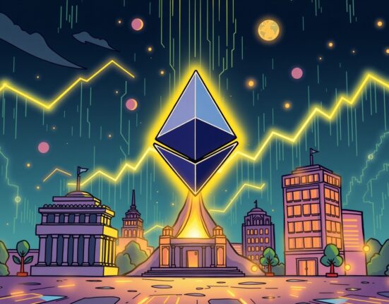 A cartoon illustration showing Ethereum's logo powerfully ascending amidst market data and institutional presence, symbolizing Ethereum's Strongest Cycle and its robust growth potential.