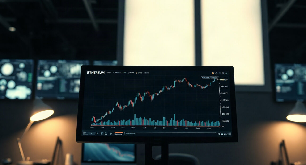 Ethereum supply chart showing an upward trend on a monitor in a newsroom