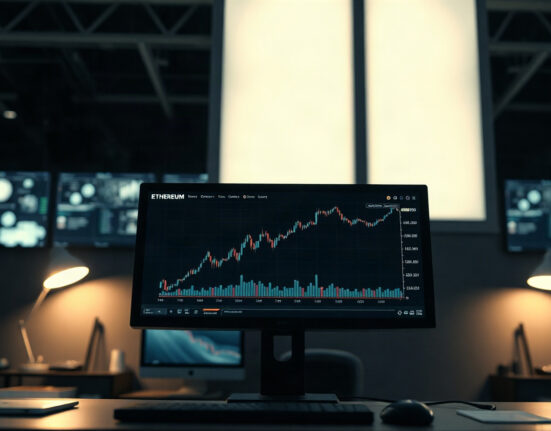 Ethereum supply chart showing an upward trend on a monitor in a newsroom