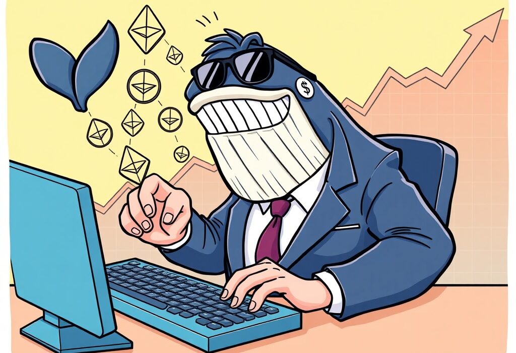 Cartoon whale executing a profitable Ethereum swing trading deal, symbolizing significant gains in the crypto market.