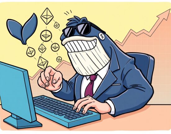 Cartoon whale executing a profitable Ethereum swing trading deal, symbolizing significant gains in the crypto market.