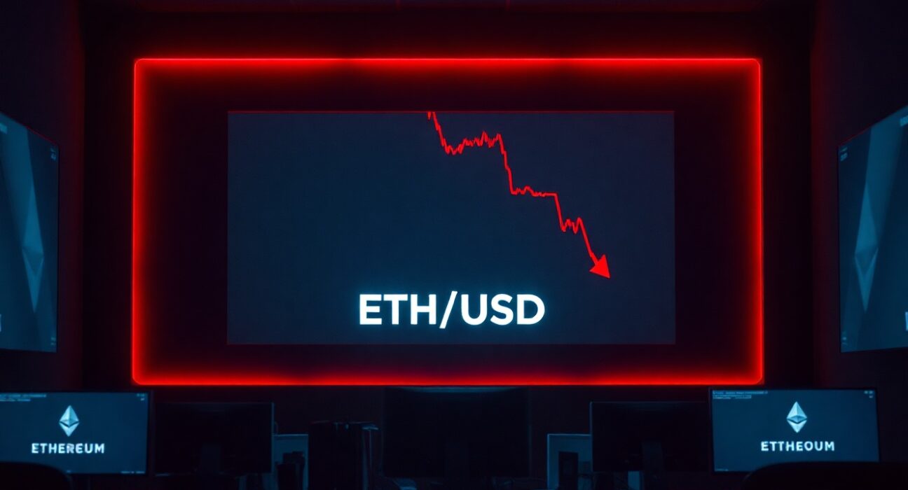 Ethereum price chart showing a red decline on a dark trading floor monitor.