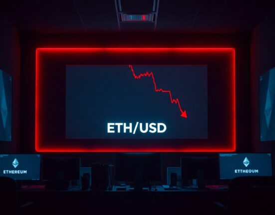Ethereum price chart showing a red decline on a dark trading floor monitor.