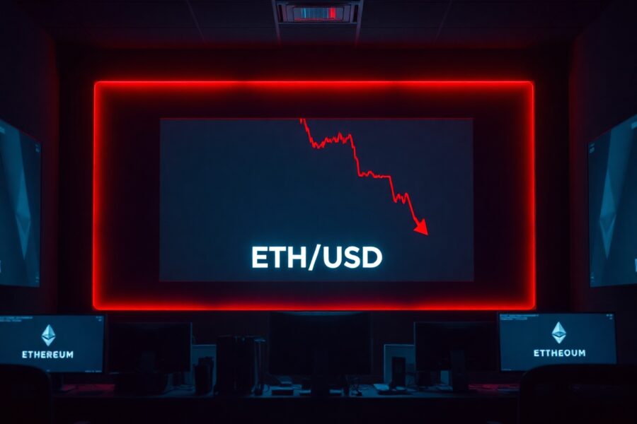 Ethereum price chart showing a red decline on a dark trading floor monitor.