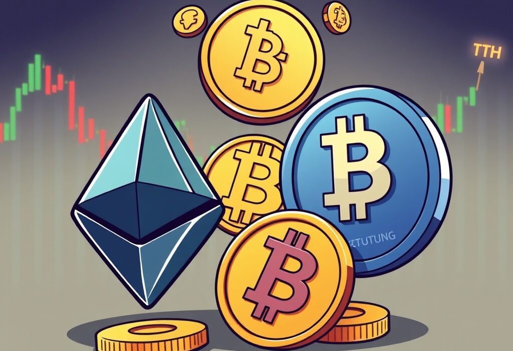 Cartoon illustration depicting Ethereum coins converting into Bitcoin, symbolizing the predicted Ethereum to Bitcoin rotation.