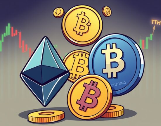 Cartoon illustration depicting Ethereum coins converting into Bitcoin, symbolizing the predicted Ethereum to Bitcoin rotation.