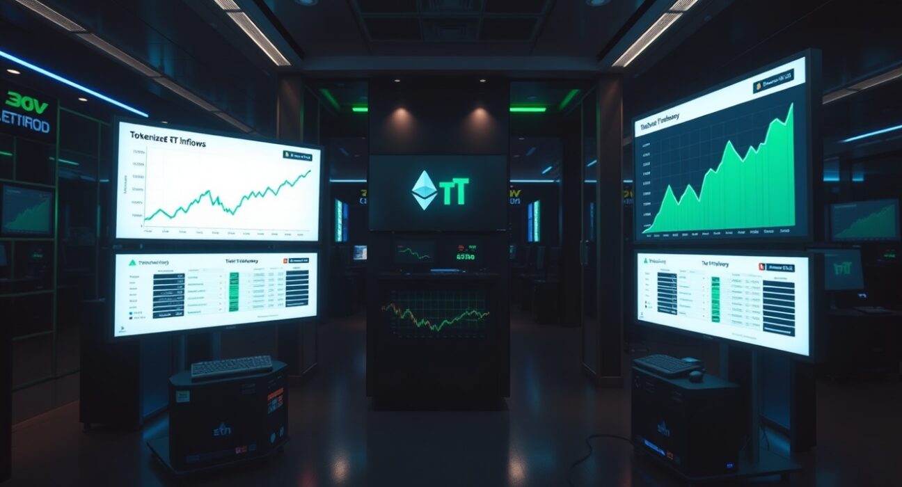 Digital trading screens showing Ethereum tokenized ETF inflow data in a financial newsroom setting