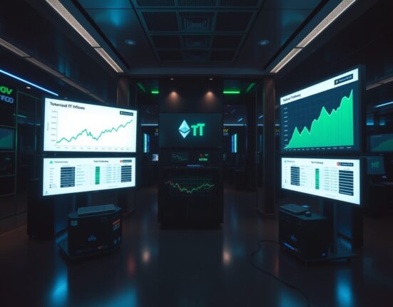 Digital trading screens showing Ethereum tokenized ETF inflow data in a financial newsroom setting