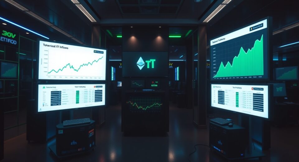 Digital trading screens showing Ethereum tokenized ETF inflow data in a financial newsroom setting