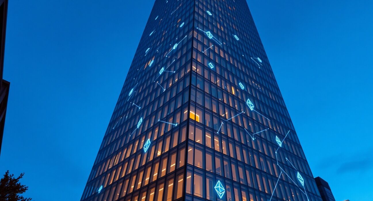 Modern skyscraper with digital blockchain network overlay representing tokenized US Treasury assets on Ethereum