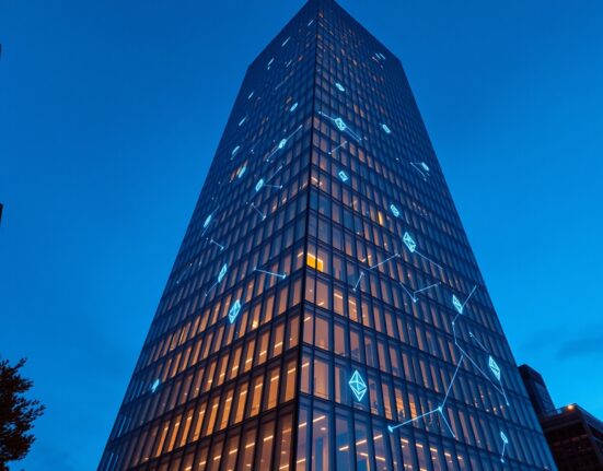 Modern skyscraper with digital blockchain network overlay representing tokenized US Treasury assets on Ethereum