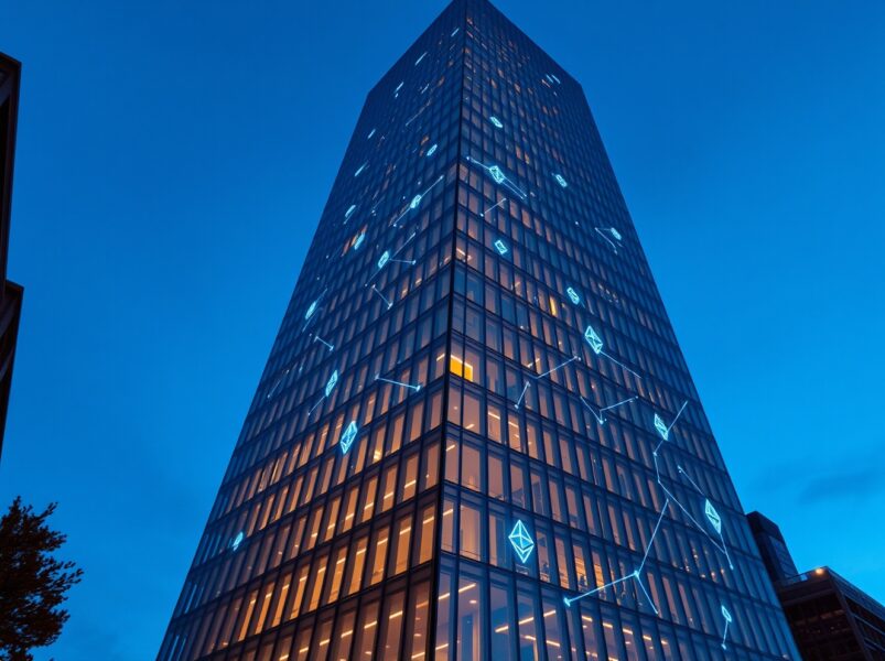 Modern skyscraper with digital blockchain network overlay representing tokenized US Treasury assets on Ethereum
