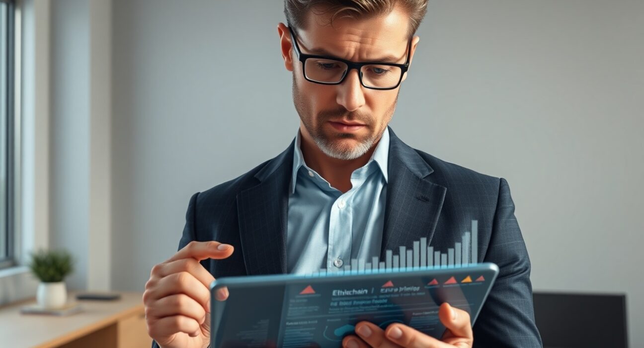 Financial analyst examining Ethereum blockchain data showing tokenomics vulnerabilities after Fusaka upgrade