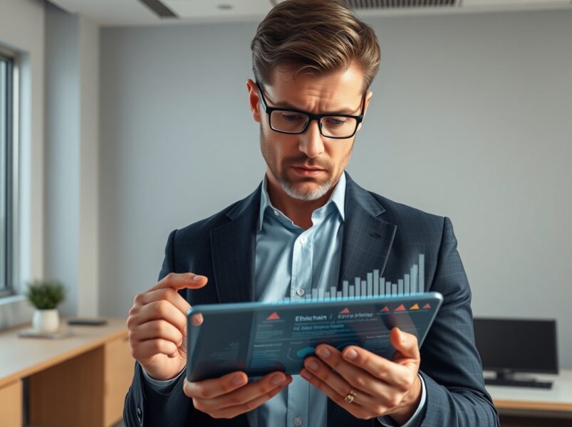 Financial analyst examining Ethereum blockchain data showing tokenomics vulnerabilities after Fusaka upgrade