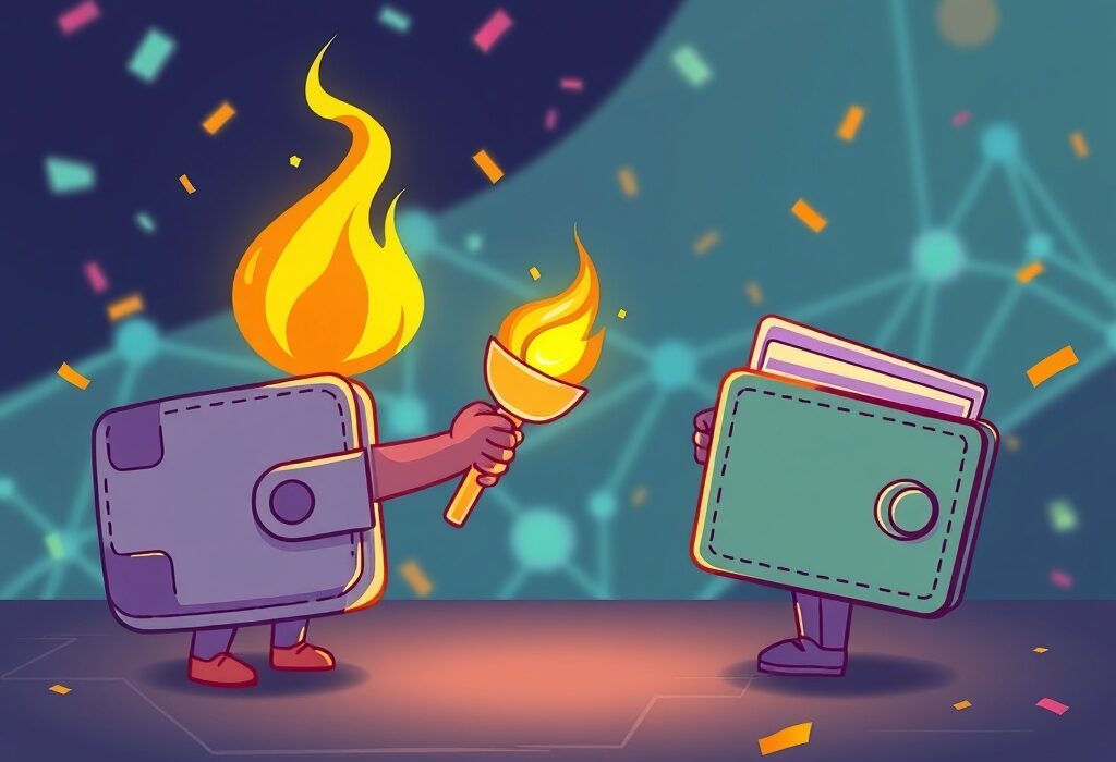 A vibrant cartoon illustration depicting the successful conclusion of Ethereum Torch NFT minting, showing a digital torch passed between wallets.