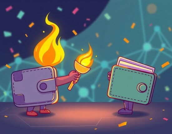 A vibrant cartoon illustration depicting the successful conclusion of Ethereum Torch NFT minting, showing a digital torch passed between wallets.