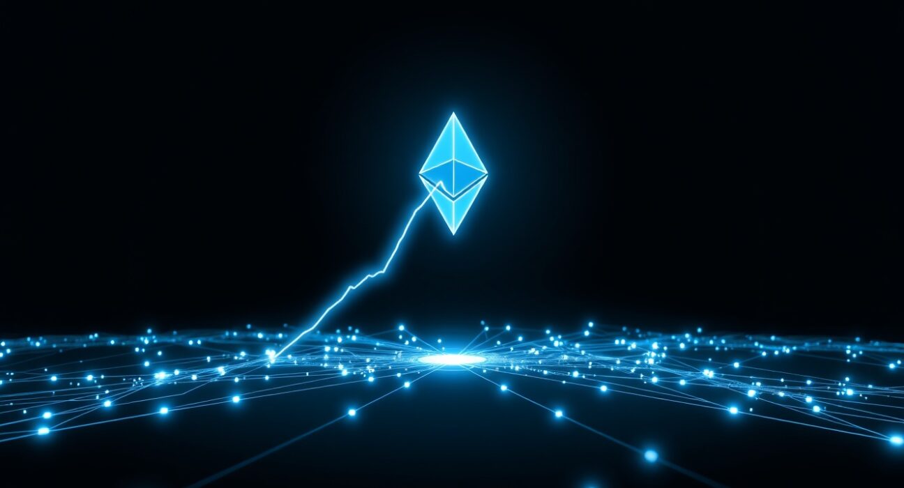 Visualization of the 99% drop in Ethereum gas fees within a blockchain network diagram.