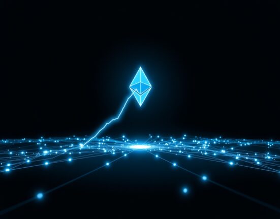 Visualization of the 99% drop in Ethereum gas fees within a blockchain network diagram.