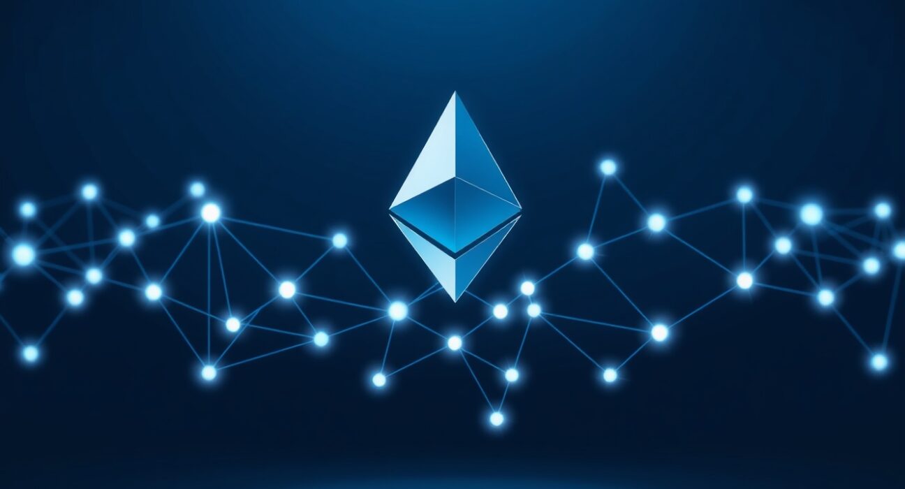 Conceptual visualization of the Ethereum blockchain network processing record transaction volume in 2025.