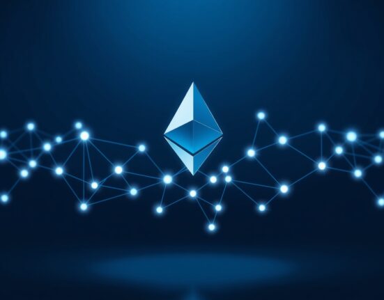 Conceptual visualization of the Ethereum blockchain network processing record transaction volume in 2025.