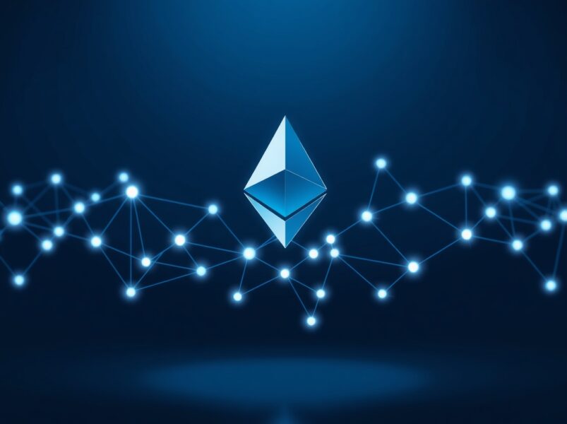 Conceptual visualization of the Ethereum blockchain network processing record transaction volume in 2025.