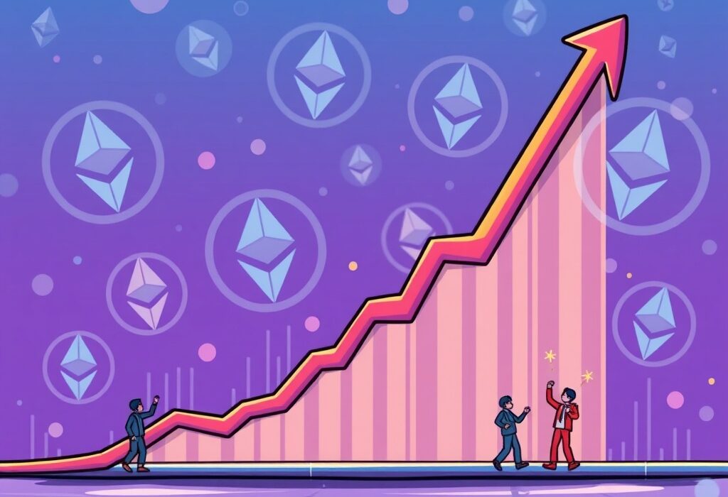 A vibrant cartoon illustration depicting a digital graph soaring upwards, representing record Ethereum transactions and robust network activity.