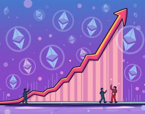 A vibrant cartoon illustration depicting a digital graph soaring upwards, representing record Ethereum transactions and robust network activity.